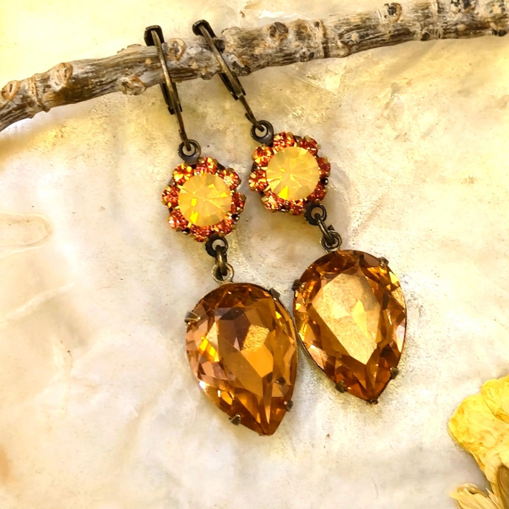 Large Peach & Yellow AB Mango  In  Flower Swarovski Crystals In Brass Earrings